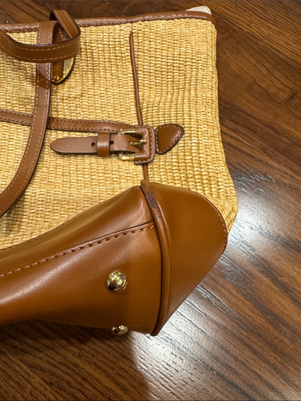 Lauren Ralph Lauren Tan Woven Straw Tote with Brown Leather Trim - Picture 15 of 17